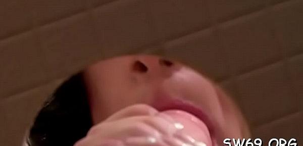  Hot sweetheart gets licked at gloryhole and slimed by fake dick